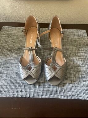 chelsea crew Silver Peep-Toe T-Strap Heels